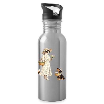 Chat fleuri & teckel dans le style Cottagecore - Gourde avec paille intégrée - argent clair - Droite