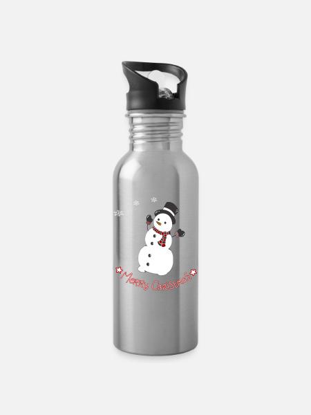 Cheerful snowman with scarf - Water bottle with straw - silver