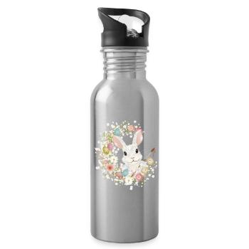 White Rabbit with Easter Eggs & Brush for Easter - Water bottle with straw - silver - Right