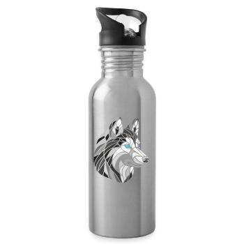 Husky noir et blanc avec yeux bleux, géométrique - Gourde avec paille intégrée - argent clair - Droite