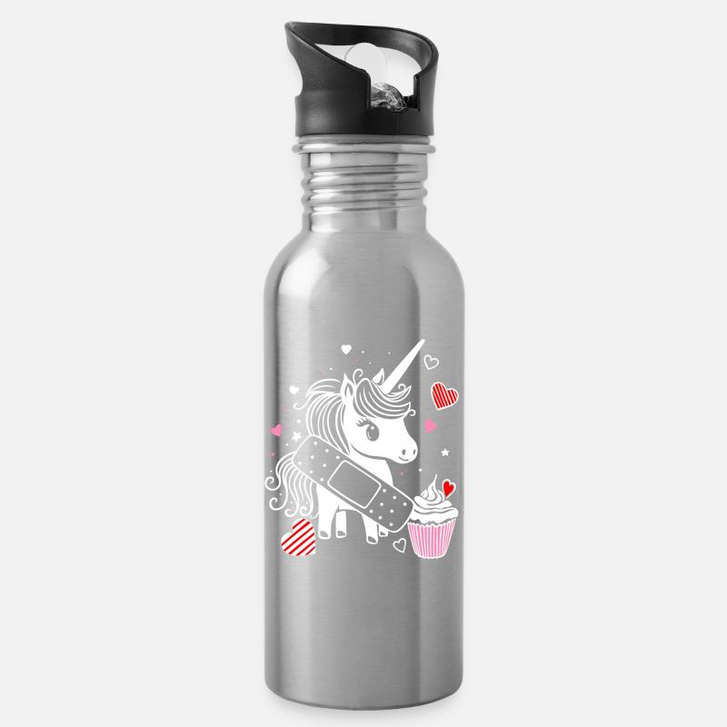 Einhorn mit Pflaster und Cupcake - Gute Besserung - Trinkflasche mit integriertem Trinkhalm - Lightsilver