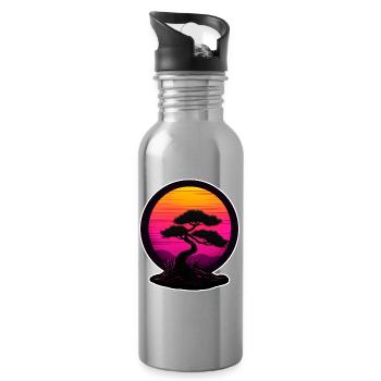 Bonsai in Neon Sunset – Retro Nature Design - Water bottle with straw - silver - Right
