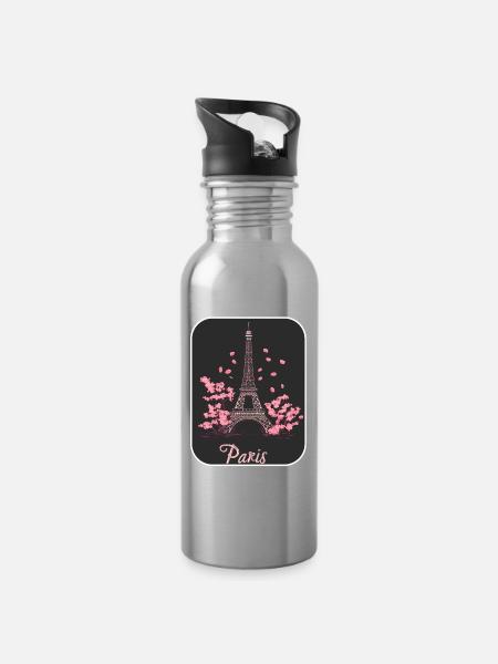 Fleur rose Eiffel à Paris - Gourde avec paille intégrée - argent clair