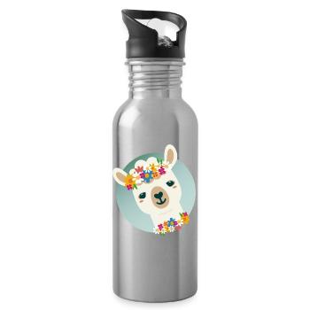Flowery Alpaca with Wreath – Cheerful Summer Motif - Water bottle with straw - silver - Right
