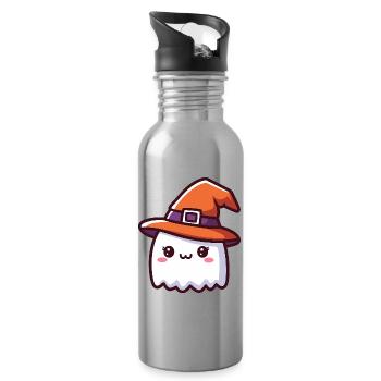 Fantôme mignon dans le chapeau de sorcière Halloween - Gourde avec paille intégrée - argent clair - Droite