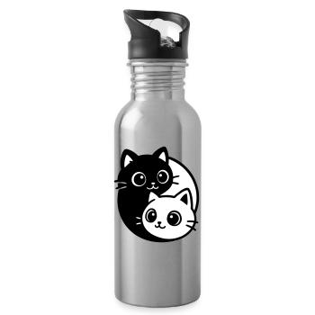 Ying Yang Cat Portrait - Water bottle with straw - silver - Right