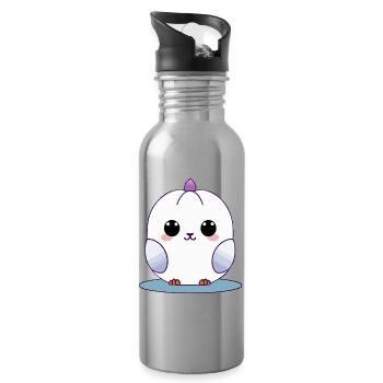 Kawaii White Chick with Purple Accents - Water bottle with straw - silver - Right