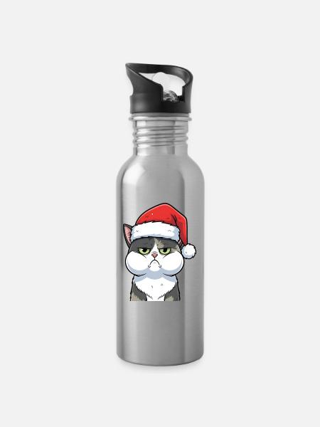 Genervte Katze mit Mütze Weihnachten Cartoon - Trinkflasche mit integriertem Trinkhalm - Lightsilver