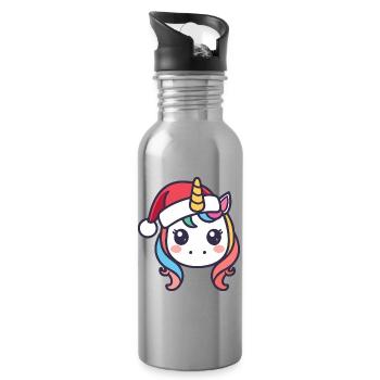 Christmas unicorn kawaii with hat - Water bottle with straw - silver - Right