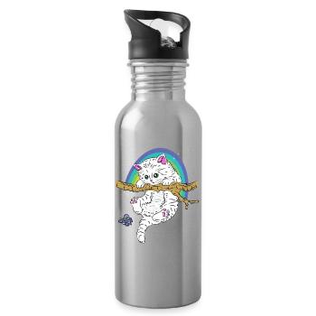 Cat on branch plays with butterfly - Water bottle with straw - silver - Right