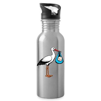 Storch mit Baby im Tuch blau - Trinkflasche mit integriertem Trinkhalm - Lightsilver - Rechts
