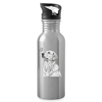 Golden Retriever Illustration with Butterfly - Water bottle with straw - silver - Right