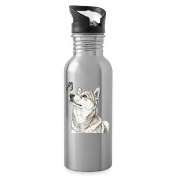 Shiba Inu dog looking at butterfly - Water bottle with straw - silver - Right