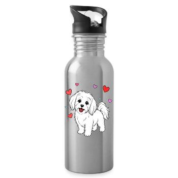 Malteser_Hund_stehend_Herz_weiss - Water bottle with straw - silver - Right