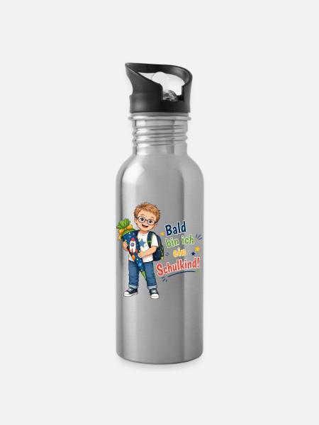 Bald bin ich ein Schulkind – Down Syndrom Junge - Trinkflasche mit integriertem Trinkhalm - Lightsilver