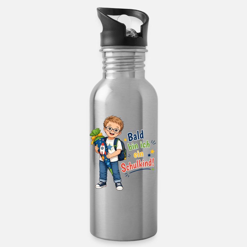 Bald bin ich ein Schulkind – Down Syndrom Junge - Trinkflasche mit integriertem Trinkhalm - Lightsilver