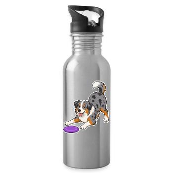 Australian Shepherd with purple Frisbee - Water bottle with straw - silver - Right