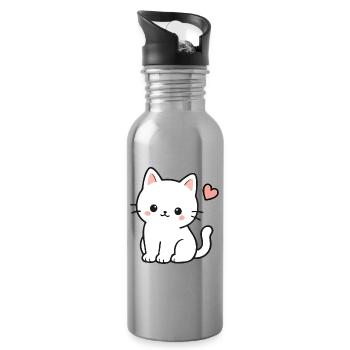 Chat Kawaii Blanc Mignon avec un cœur - Gourde avec paille intégrée - argent clair - Droite