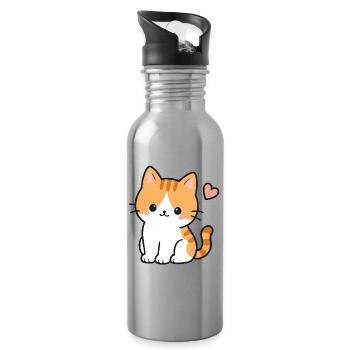 Cute Kawaii Kitten With Pink Heart - Water bottle with straw - silver - Right