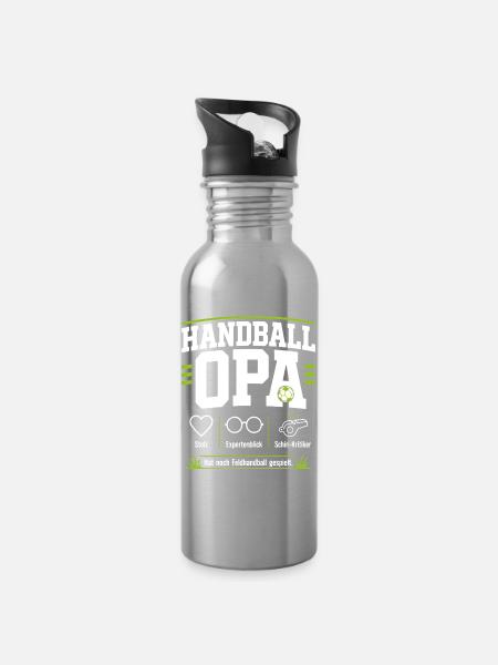 Handballopa Geschenk – Stolz & Expertenblick - Trinkflasche mit integriertem Trinkhalm - Lightsilver