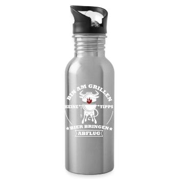 Grillkoch Spruch Logo Mit Kuh BBQ - Trinkflasche mit integriertem Trinkhalm - Lightsilver - Rechts