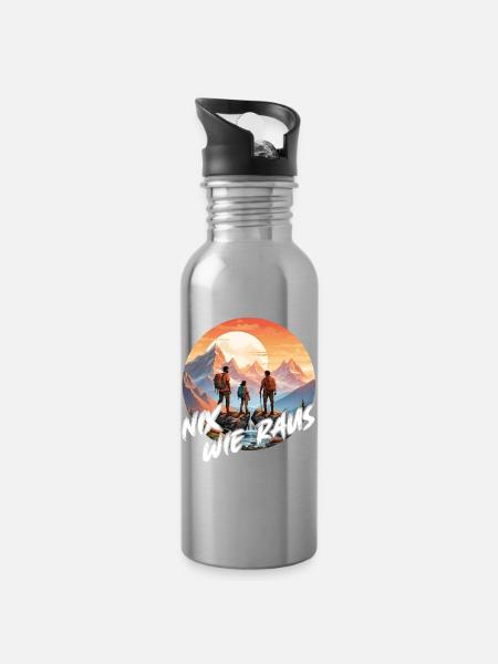 Nix wie raus Familie steht auf dem Berggipfel - Trinkflasche mit integriertem Trinkhalm - Lightsilver