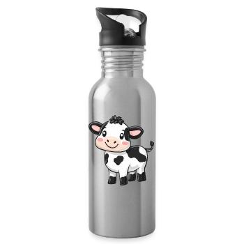 Vache de dessin animé mignonne - Design adorable et fantaisiste - Gourde avec paille intégrée - argent clair - Droite