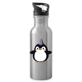 Pingouin heureux avec chapeau de fête - Cartoon Design - Gourde avec paille intégrée - argent clair - Droite