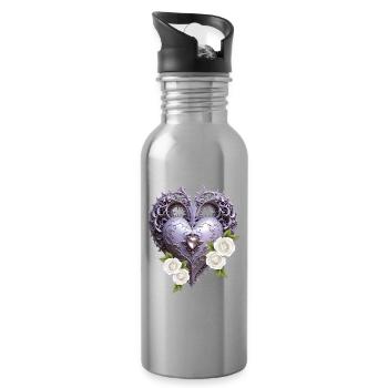 Ornamental heart with white roses - Water bottle with straw - silver - Right