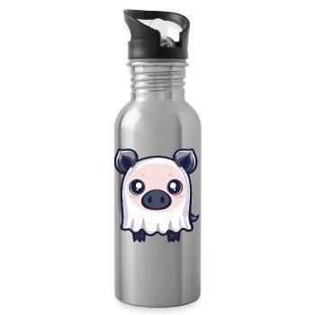 Pig Halloween Ghost Boar - Water bottle with straw - silver - Right