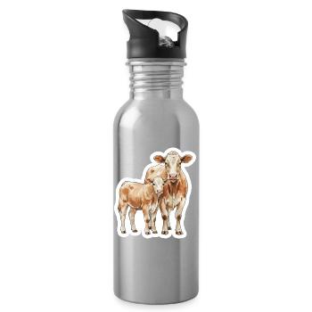 Kuh und Kalb – Aquarellkunst mit Herz - Trinkflasche mit integriertem Trinkhalm - Lightsilver - Rechts