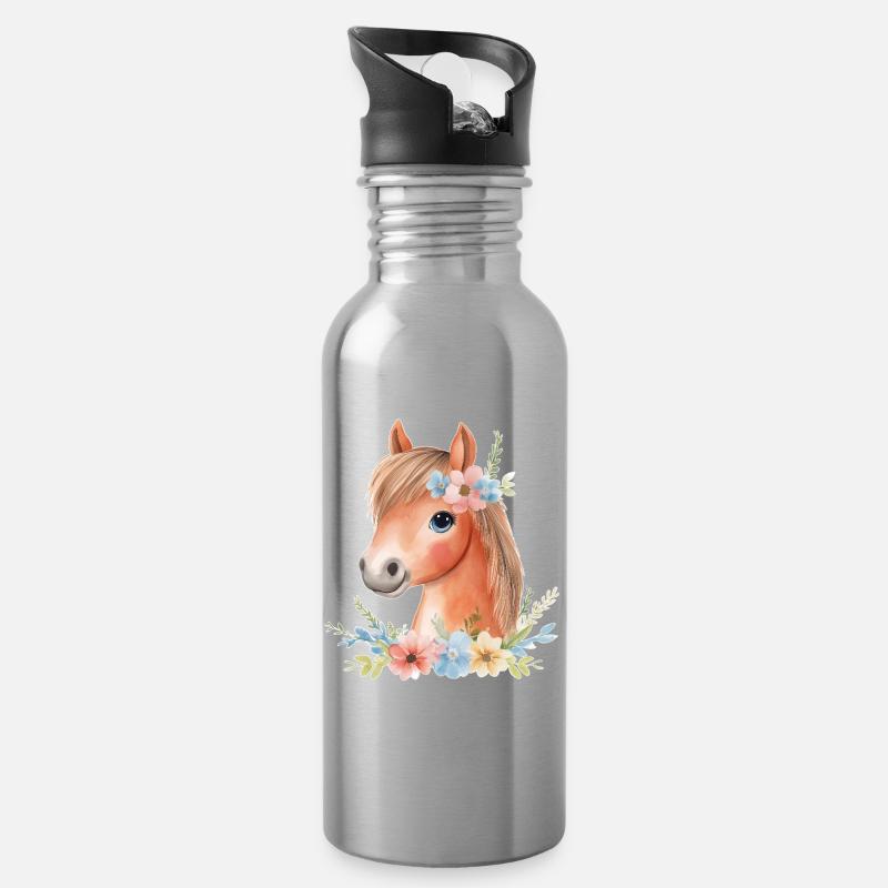 Süßes Pferd mit Blumen - Trinkflasche mit integriertem Trinkhalm - Lightsilver