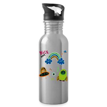 Rainbow and UFO - Water bottle with straw - silver - Right