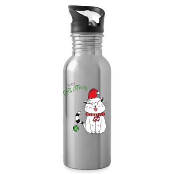 Weihnachtskatze mit Weihnachtsmütze - Trinkflasche mit integriertem Trinkhalm - Lightsilver - Rechts