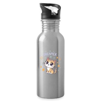 Chat rêveur et étoiles kawaii - Gourde avec paille intégrée - argent clair - Droite