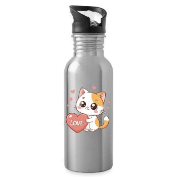 Chat kawaii cœur amour - Gourde avec paille intégrée - argent clair - Droite