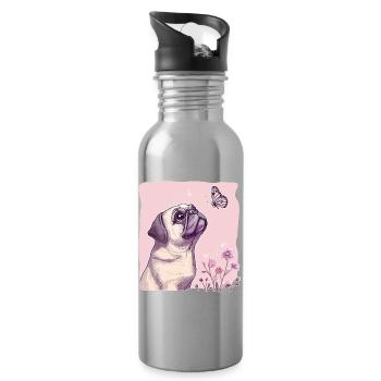 Mops mit Schmetterling - Trinkflasche mit integriertem Trinkhalm - Lightsilver - Rechts