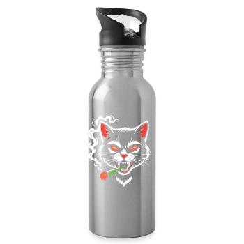 Angry cat with joint - Water bottle with straw - silver - Right
