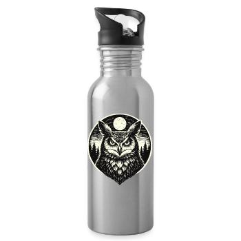 Silent Watch - Owl in Woodcut Style - Water bottle with straw - silver - Right