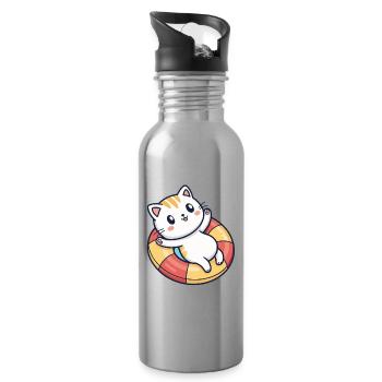 Cute cat on lifebuoy - Water bottle with straw - silver - Right