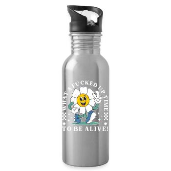 Funny Black Humor Cartoon Flower Design - Water bottle with straw - silver - Right