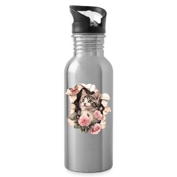 Chat et papillon - Gourde avec paille intégrée - argent clair - Droite