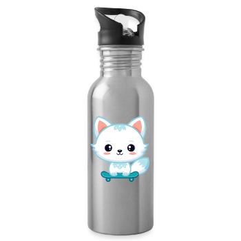 Kawaii Fox on Skateboard - Water bottle with straw - silver - Right