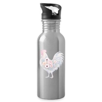 Hahn Blumen Aquarell - Trinkflasche mit integriertem Trinkhalm - Lightsilver - Rechts
