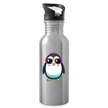 Schicker Pinguin mit Regenbogengläser - Trinkflasche mit integriertem Trinkhalm - Lightsilver - Rechts