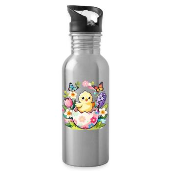 Chick in Floral Egg Hatch - Water bottle with straw - silver - Right