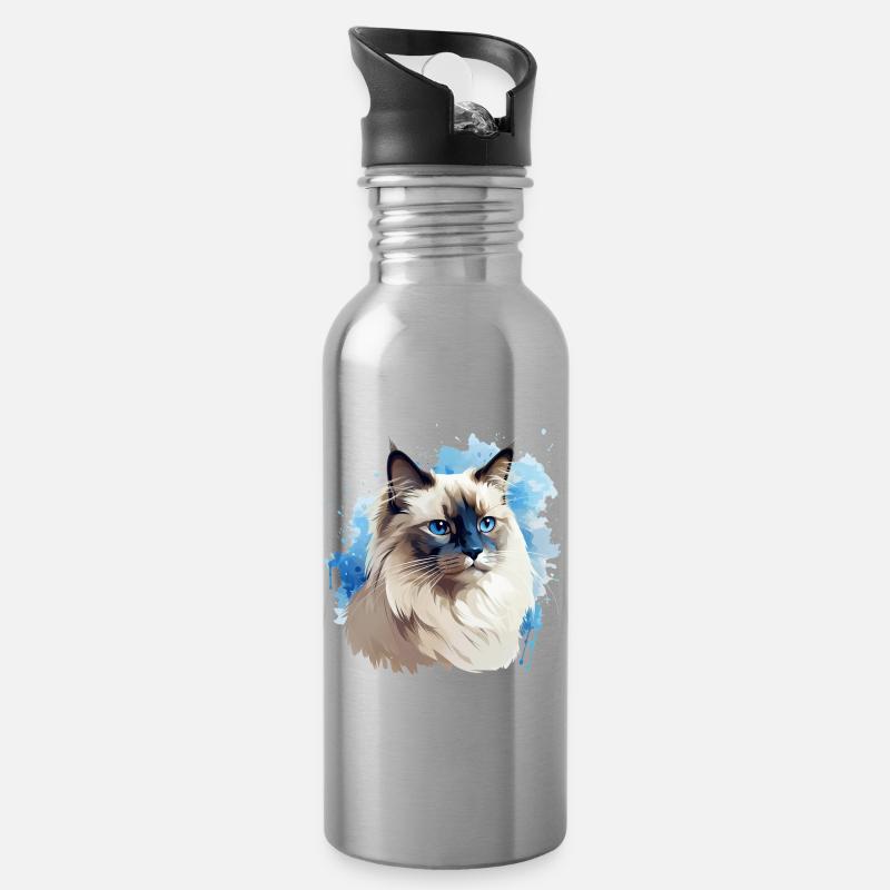 Tête de chat sacré Birman - Gourde avec paille intégrée - argent clair