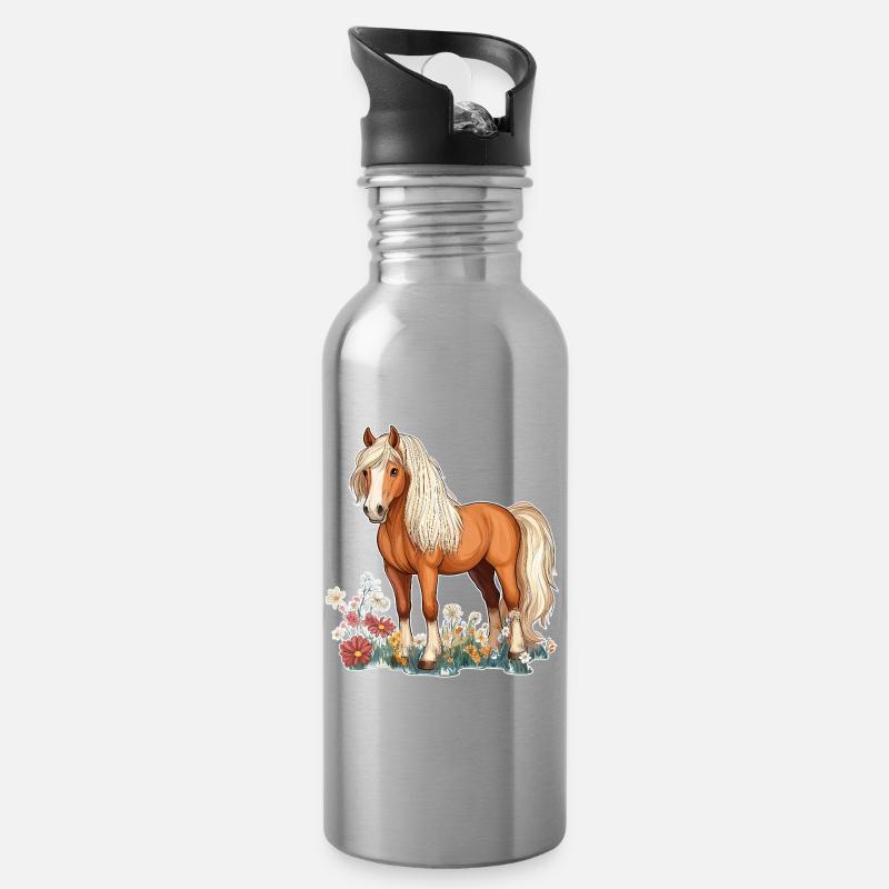Pferd auf Wiese - Trinkflasche mit integriertem Trinkhalm - Lightsilver