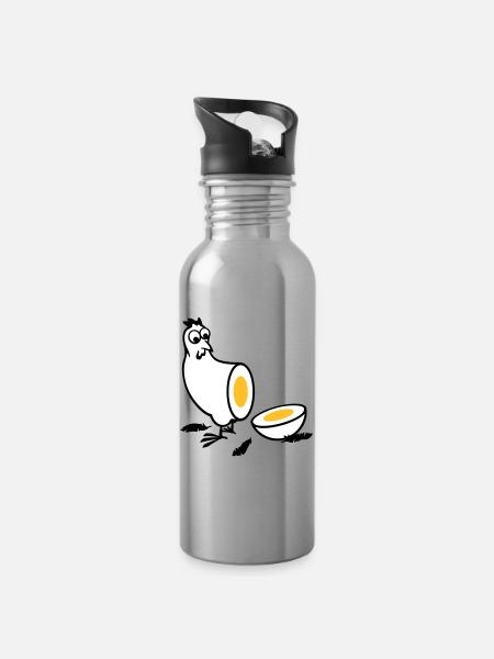 Huhn oder Ei - Trinkflasche mit integriertem Trinkhalm - Lightsilver
