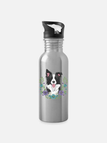 Border Collie Blumenfeier - Trinkflasche mit integriertem Trinkhalm - Lightsilver